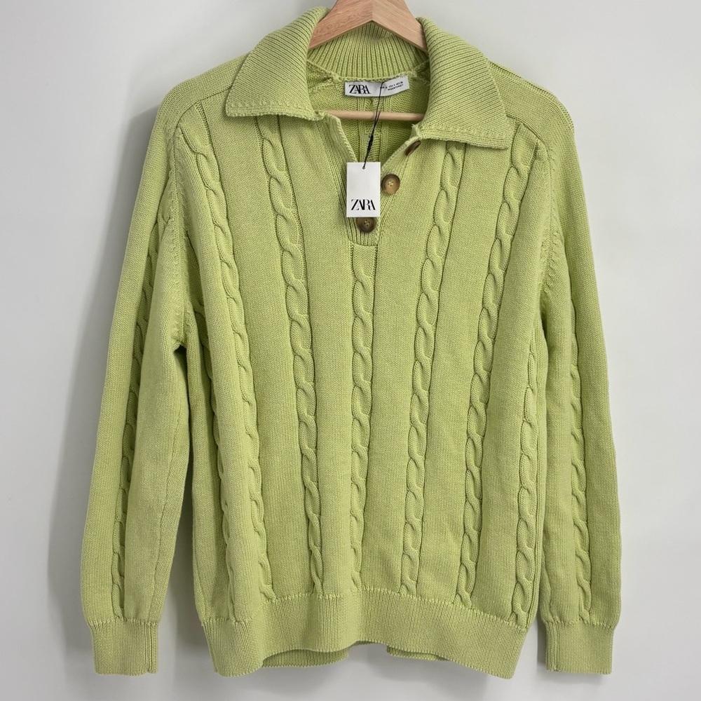 NWT Zara light lime green classic Cable knit collared sweater small pullover - Picture 3 of 9